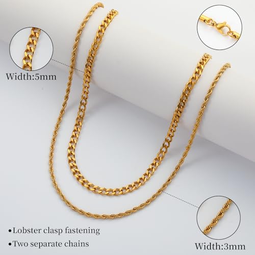 Layered Stainless Steel Chain Necklaces for Men Boys, 2Pcs Cuban Link/Rope/Herringbone Chains Jewelry Gifts, 16 "/18 ", 18 "/20 ", 20 "/22 ", 22 "/24 " - color: Gold, size: 18IN/20IN, style: Cuban/Rope Chain Set
