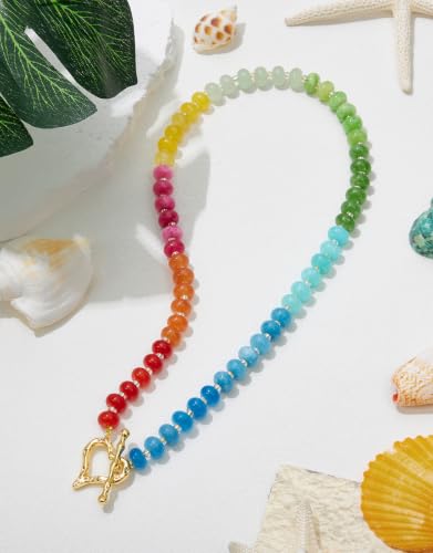 Beaded Necklaces for Women, Boho Colorful Bead Choker Necklace | Natural Gemstones, Summer Beach Jewelry, 18K Gold Plated, Handmade, Gift for Her,Charm Necklace - color: Rainbow-Heart-Shaped Clasp