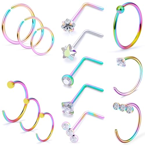 20g Nose Rings Hoops L Shaped Studs Gold/Black/Rainbow Piercings Jewelry for Women Hypoallergenic Surgical Stainless Steel - color: Rainbow