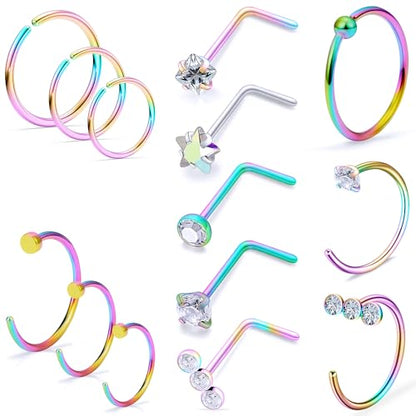 20g Nose Rings Hoops L Shaped Studs Gold/Black/Rainbow Piercings Jewelry for Women Hypoallergenic Surgical Stainless Steel - color: Rainbow