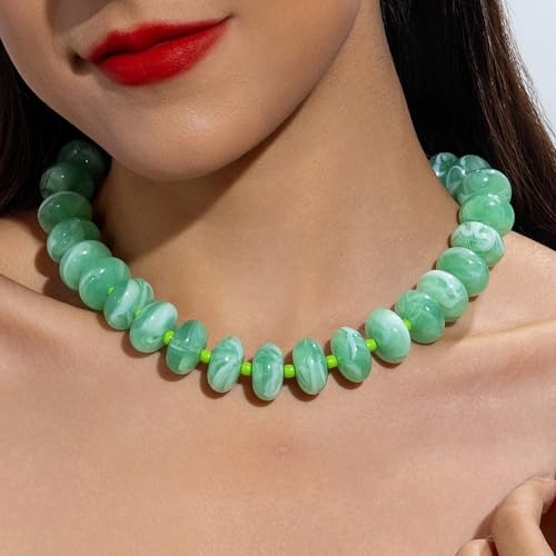 Beaded Necklace for Women Statement Chunky Necklace Boho Bead Choker Acrylic Big Bead Necklaces Summer Beach Jewelry for Women - color: Green