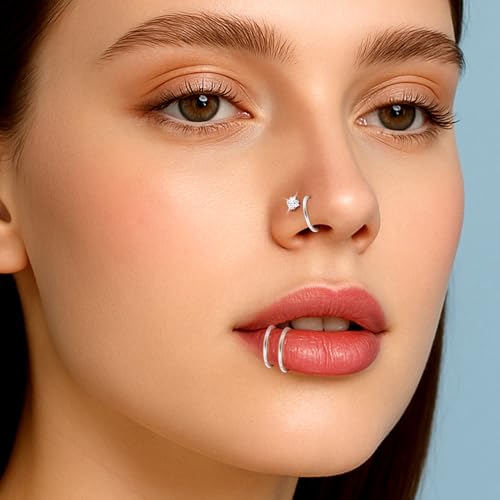 20g Nose Rings Studs and 18g Nose Rings Hoops for Women Men: Hypoallergenic Surgical Stainless Steel Threadless Corkscrew/L Shape/Straight Nose Studs Round Square Simulated Diamond CZ 1.5/2/2.5/3mm Nose Bone Studs Hinged Clicker Segment Nose Hoops Septum