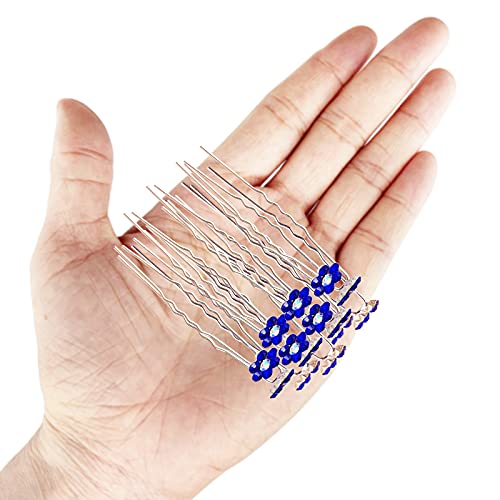 Rhinestone Flower Hair Pins, 40 Pcs U-Shaped Crystal Party Wedding Bridal Hair Accessories for Women Girls (Blue) - color: Blue