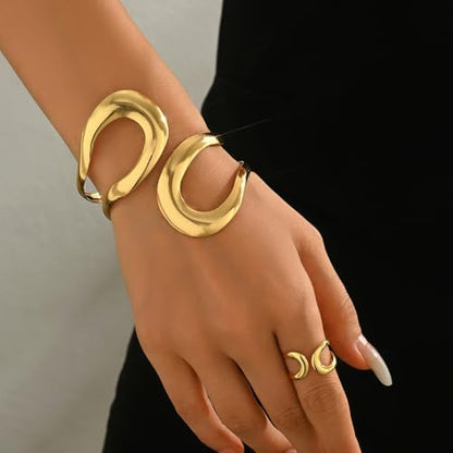 Todenb Gold Bracelets for Women Trendy Chunky Bracelets Gold Big Bracelet Ring Set Fashion Cuff Bracelet A-Gold