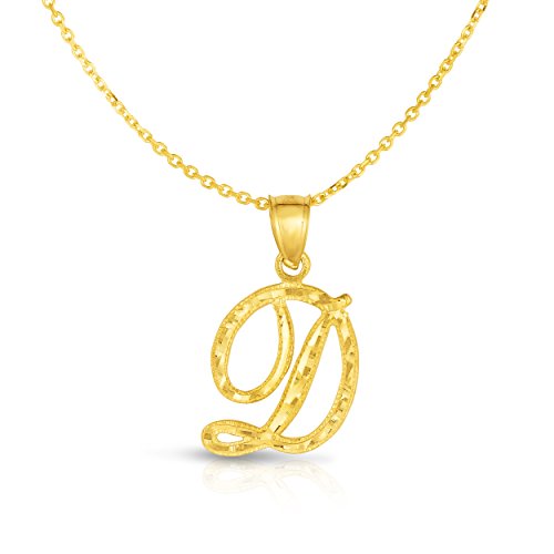 Floreo 10K Yellow Gold Charm Pendant Letter A-Z Personalized Alphabet Initial Name with optional 18 Inch Necklace - style: D