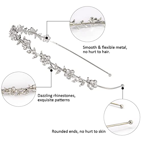 Wecoe 4 Pack Silver Rhinestone Headband Flower Girl Bridal Wedding Headband Crystal Headpiece Flower Leaf Butterfly Metal Hairband Girls Hair Accessories For Women Girls Gifts | Sparkling crystal silver headbands, perfect for bridal & party looks - color: