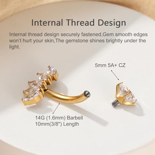 Gold Belly Button Ring, Titanium Dangle Floating Navel Piercing Jewelry - color: Gold-Leaf-10mm
