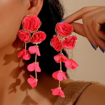 Fabric Flower Earrings for Women Colorful Long Tassel Floral Drop Earrings Fashion Boho Exaggerated Statement Beach Party Jewelry - color: red