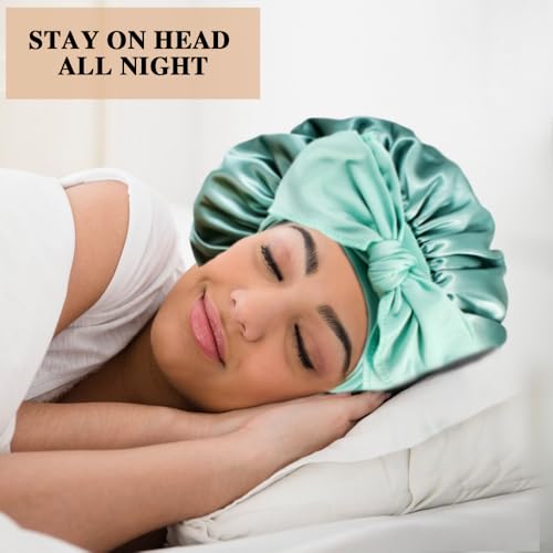 2+3 Large Satin Bonnets with Scrunchies for Women, Hair Bonnet Sleeping Tie Bonnet for Braids Curly Hair - color: I - Green, Blush Pink