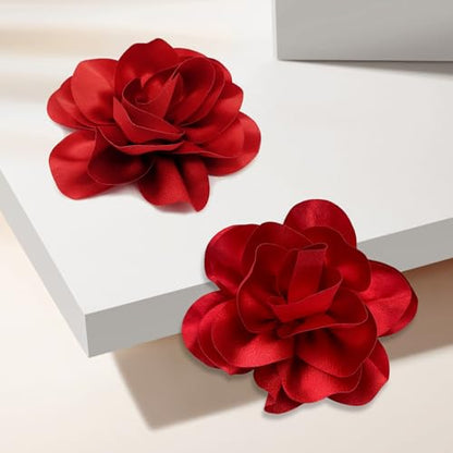 2Pack 6inch Extra Large Satin Brooches Lapel Pins Dainty Elegant Fabric Camellia Rose Flower Brooch Pin for Women Wedding Part Dance Clothes Accessories Jewelry - color: Red