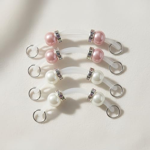 2 Pairs Non-Piercing Nipple Jewelry – Adjustable Silicone Rings with Silver & Gold Beads – Fake Nipple Piercing Look, Pain-Free Faux Nipple Rings for Unisex Adult Body Jewelry - color: White & Pink