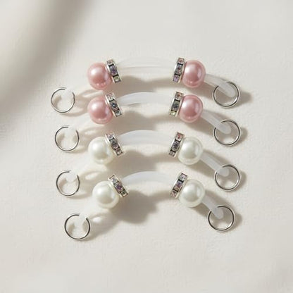 2 Pairs Non-Piercing Nipple Jewelry – Adjustable Silicone Rings with Silver & Gold Beads – Fake Nipple Piercing Look, Pain-Free Faux Nipple Rings for Unisex Adult Body Jewelry - color: White & Pink