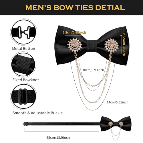 QCWQYML Black Bow Ties for Men Pre-Tied Mens Bow Tie Classic Crystal Brooch Chain Bowtie Adjustable Bowties Tuxedo Party - color: (Gold)-black