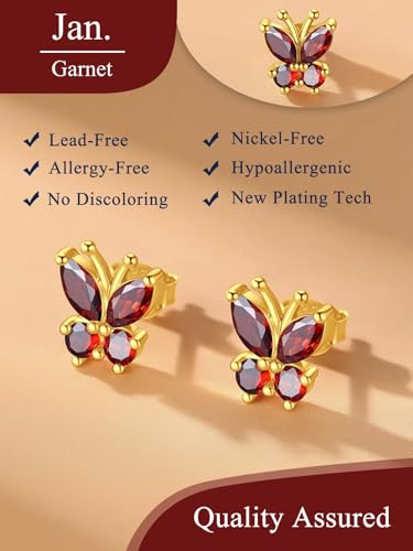Suplight Butterfly Stud Earrings 925 Sterling Silver 14K Gold Brithstone Earrings for Women Brithstone Jewelry Gifts - color: 01.January ( Garnet), size: Gold