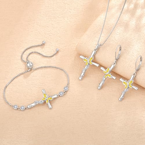 Cross Necklace for Women 925 Sterling Silver Butterfly Necklace Birthstone Pendant Created Gemstone Jewelry Gifts for Women - color: 11 November - Citrine