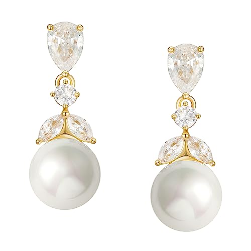 SWEETV Cubic Zirconia Pearl Drop Wedding Earrings for Brides, Ivory Bridal Pearl Earrings for Bridesmaid Jewelry Gift - color: 01.Style 1-Gold