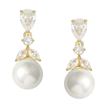 SWEETV Cubic Zirconia Pearl Drop Wedding Earrings for Brides, Ivory Bridal Pearl Earrings for Bridesmaid Jewelry Gift - color: 01.Style 1-Gold