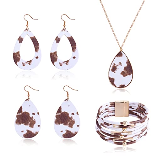 Ornaland 4 Pcs Leather Earrings Necklace Bracelet Set Print Earrings Faux Leather Necklace Multi-Layer Bracelet Jewelry Set Gifts for Women - color: A10