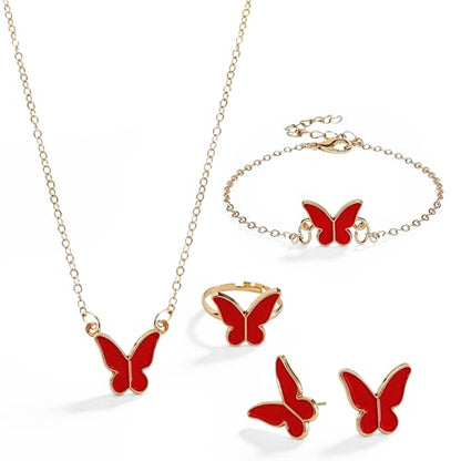Butterfly Jewelry Set, Including Butterfly Necklace, Bracelet, Stud Earrings, and Adjustable Ring for Women - color: Red