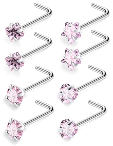 Hypoallergenic Nose Rings Studs 18G & 20G Surgical Steel Nose Studs L Shaped Nostril Piercing Jewelry with Pink Cubic Zirconia for Women & Men - color: 18g,L-shape,pink crystal