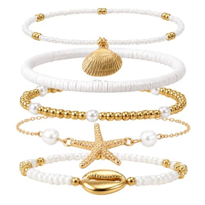 Ouligay 5PCS Shell Ankle Bracelet Set for Women Boho Bead Adjustable Anklet | Beach Bracelets Layered Boho Anklet Cowrie Shell Bracelets Hawaiian Beach Seashell Starfish Foot Jewelry Gifts