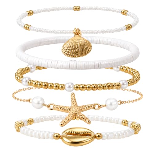 Ouligay 5PCS Shell Ankle Bracelet Set for Women Boho Bead Adjustable Anklet | Beach Bracelets Layered Boho Anklet Cowrie Shell Bracelets Hawaiian Beach Seashell Starfish Foot Jewelry Gifts