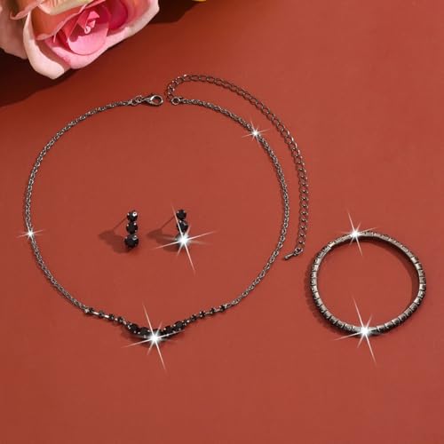 Silver Wedding Prom Jewelry Sets Sparkling Crystal Chain Necklace Earrings Bracelet Set Rhinestone Wedding Set Formal Prom Costume Jewelry Sets for Women and Brides - color: Black