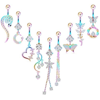 Vsnnsns 14G Dangle Belly Button Ring Piercing Jewelry 316L Stainless Surgical Steel Snake Heart Butterfly Flower Diamond CZ Navel Rings Dangling Belly Button Ring Piercing Jewelry for Women 14 Gauge - color: Rainbow Tone
