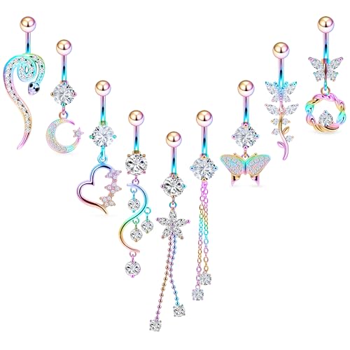 Vsnnsns 14G Dangle Belly Button Ring Piercing Jewelry 316L Stainless Surgical Steel Snake Heart Butterfly Flower Diamond CZ Navel Rings Dangling Belly Button Ring Piercing Jewelry for Women 14 Gauge - color: Rainbow Tone