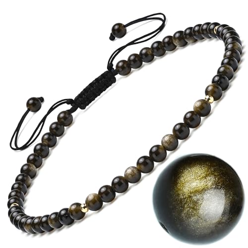 Natural Stone&925 Sterling Silver/18K Gold Anklet,│4MM│9-12 in│, Hand Woven, Adjustable Size - color: Gold Obsidian Anklet，4MM