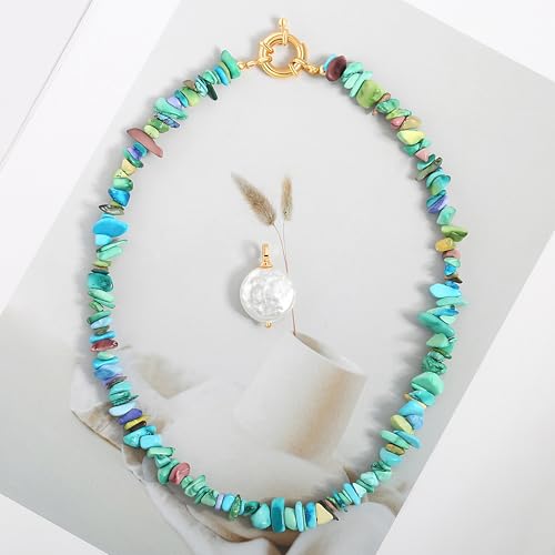Aobei Pearl 18K Gold Plated Pendant Necklace for Women Dainty Gold Chain Choker Love Heart Disc Coin Pearl Cross Toggle Jewelry - style: Colorful Turquoise Coin Pearl
