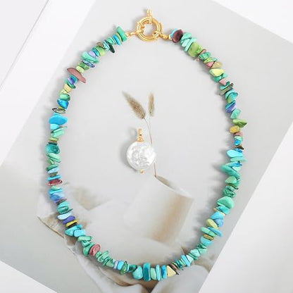 Aobei Pearl 18K Gold Plated Pendant Necklace for Women Dainty Gold Chain Choker Love Heart Disc Coin Pearl Cross Toggle Jewelry - style: Colorful Turquoise Coin Pearl
