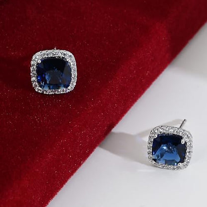 Square Cubic Zirconia Earrings Stud 7mm Birthstone Studs Earrings Hypoallergenic Princess Cut Earrings 925 Sterling Silver Post Studs Earrings for Women - color: sapphire