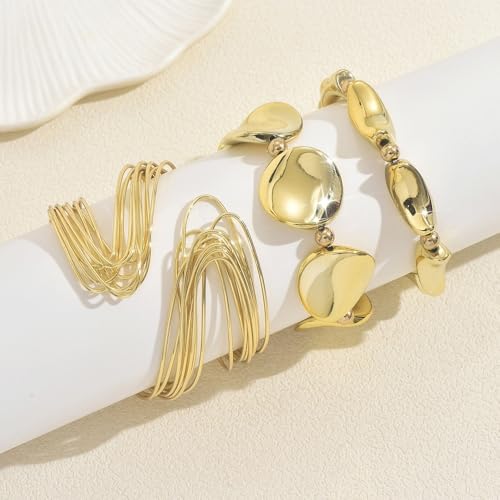 14K Gold Plated 4Pcs Layered Bracelet Set for Women Matte Textured Tassel Cuff Bangle Boho Vintage Adjustable Stackable Fashion Accessories