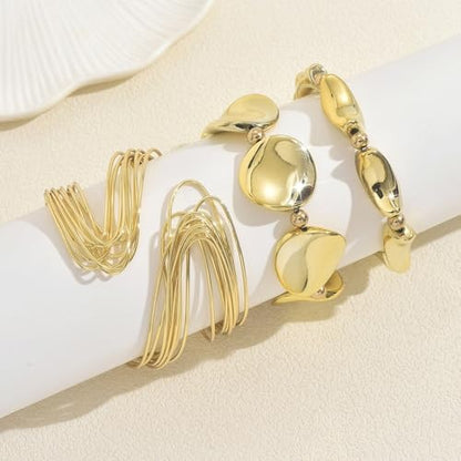14K Gold Plated 4Pcs Layered Bracelet Set for Women Matte Textured Tassel Cuff Bangle Boho Vintage Adjustable Stackable Fashion Accessories