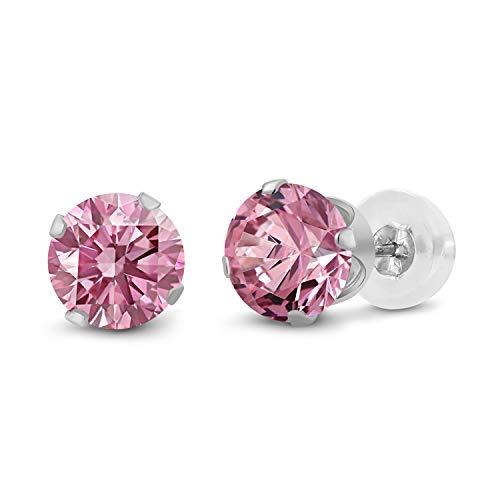 Gem Stone King 14K Gold Gemstone Birthstone Stud Earrings For Women Men | 4MM Round Cut | Solitaire Gold Studs with Secure Backs | Fine Jewelry for Her Him Mom Dad Wife - color: Pink Lab Grown Diamond-April