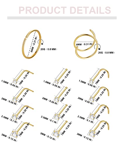 21PCS 18G 20G 22G 316L Stainless Steel Nose Rings Hoop for Women Men Double Nose Ring CZ Nose Stud Piercing Jewelry - color: 20G-Gold tone