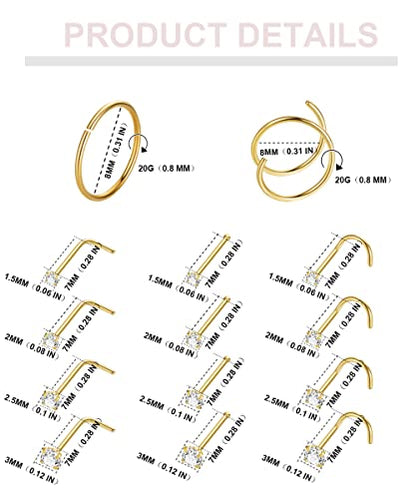 21PCS 18G 20G 22G 316L Stainless Steel Nose Rings Hoop for Women Men Double Nose Ring CZ Nose Stud Piercing Jewelry - color: 20G-Gold tone