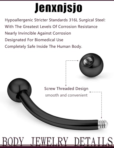 Jenxnjsjo 16g 6/8/10/12mm Silver/Gold/Black Eyebrow/Rook/Snug/Vertical-Labret/VCH/Snake-Eyes/Anti-Tragus/Christina/Daith/Belly-Button/Bridge/Hood/Surface Curved Barbell Piercing Jewelry for Women Men - color: Silver & Black