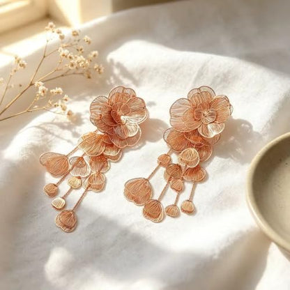 Dangle Flower Gold Earrings for Women, Trendy Statement Hoop Earrings, Gold Floral Drop Earrings Jewelry for Gifts - color: Long Flower - Gold