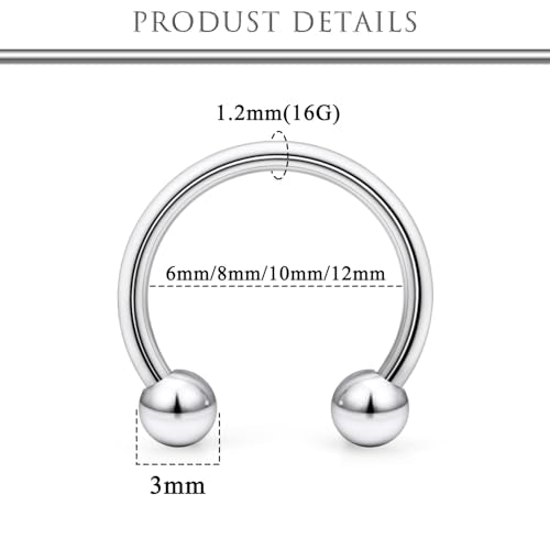 Hoeudjo 16G Horseshoe Septum Rings with Ball Grabber Tool Hypoallergenic Surgical Steel Septum Piercing Jewelry Lip Rings for Women Men Diameter 6mm 8mm 10mm 12mm - color: silvertone