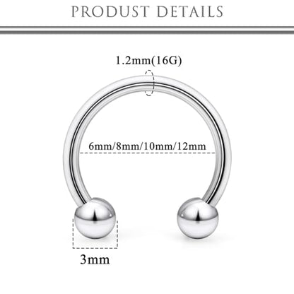Hoeudjo 16G Horseshoe Septum Rings with Ball Grabber Tool Hypoallergenic Surgical Steel Septum Piercing Jewelry Lip Rings for Women Men Diameter 6mm 8mm 10mm 12mm - color: silvertone