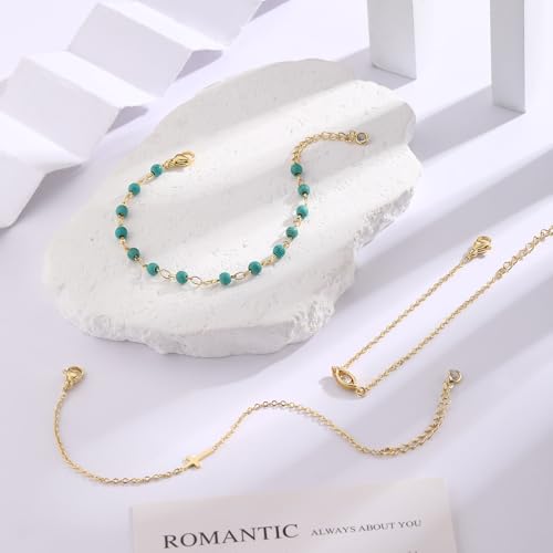 Cuzmly Bracelets for Women, Waterproof 14K Gold/Silver Plated Stackable Bracelets for Women Non Tarnish Trendy Dainty Paperclip Figaro Box Herringbone Hand Chain Bracelet Pack Stack Adjustable Jewelry for Women - style: 3 Cross