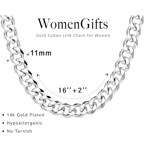 WomenGifts Cuban Link Chain Necklace for Women, Waterproof 14k Gold Silver Plated Chain Choker, Non Tarnish Stainless Steel Jewelry, 3.5/5/6/8/11mm,14/16/18 Inch Thin&Chunky&Thick - color: Silver, style: 11MM-16"