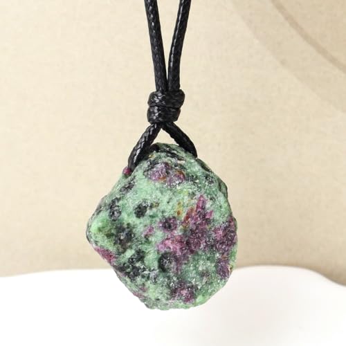 FANASY Natural Raw Crystal Necklace for Women Irregular Stone Necklaces Spiritual Gemstone Pendant with Adjustable Rope - color: Ruby Zoisite
