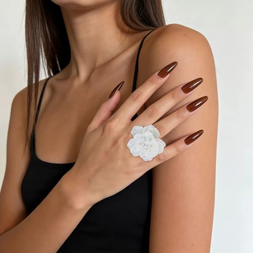 Dtja Large Blossom Flower Statement Ring for Women Silver Plated Colorful Resin Daisy Cherry Floral Adjustable Open Wrap Finger Rings Elegant Wedding Theme Party Jewelry - color: White
