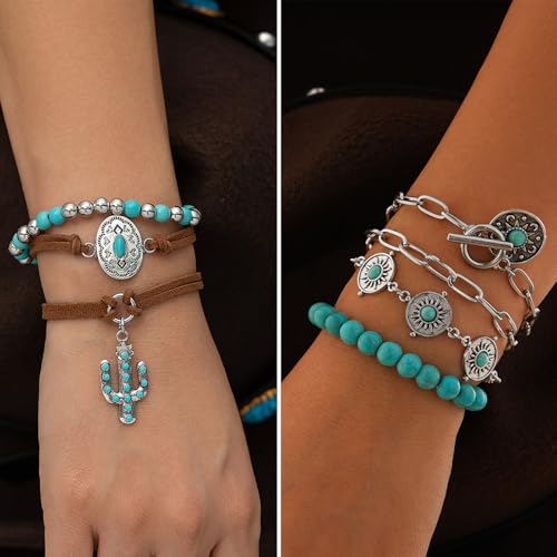 IFKM Bohemian Jewelry Set With Turquoise Necklace, Dangle Earrings, Stackable Bangle Bracelets, Knuckle Rings For Women Vintage Western Boho Turquoise Anniversary Birthday Friendship Gift - style: Bohemian style