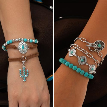 IFKM Bohemian Jewelry Set With Turquoise Necklace, Dangle Earrings, Stackable Bangle Bracelets, Knuckle Rings For Women Vintage Western Boho Turquoise Anniversary Birthday Friendship Gift - style: Bohemian style