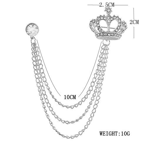 Rhinestone Crown Long Chain Brooch.Gold Silver Tassel Brooch Pin,Retro Crystal Suit Pins Collar Coat Pin for Men's Accessories Pin Husband Gifts - color: Silver