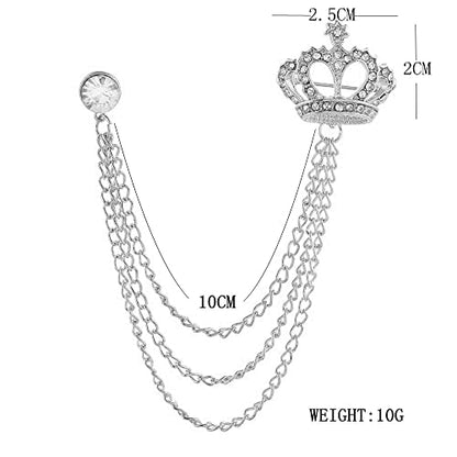 Rhinestone Crown Long Chain Brooch.Gold Silver Tassel Brooch Pin,Retro Crystal Suit Pins Collar Coat Pin for Men's Accessories Pin Husband Gifts - color: Silver